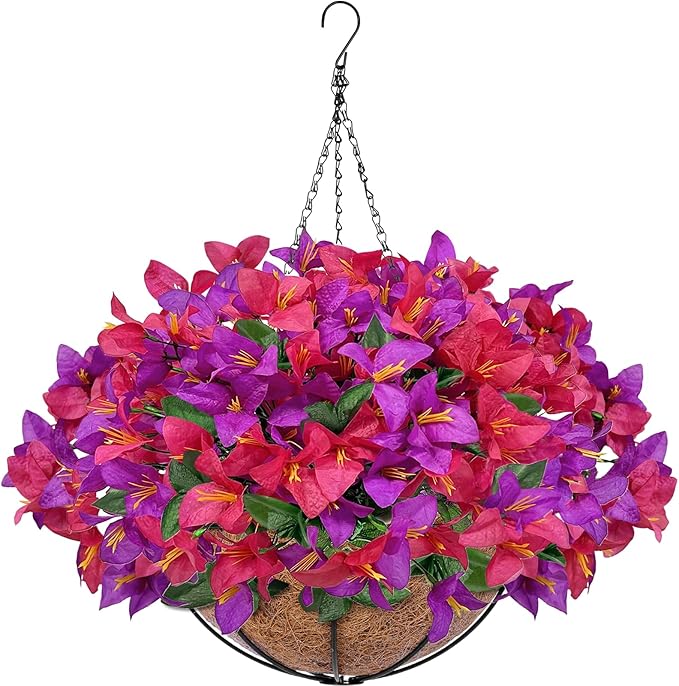Artificial Fake Hanging Flowers Plants Basket for Outdoors, Faux Silk Bougainvillea in Planter UV Resistant Realistic Spring Summer Decoration for Outside Porch Patio Yard Home Decor (Purple Hotpink)