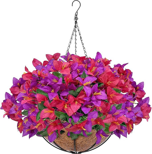 Artificial Fake Hanging Flowers Plants Basket for Outdoors, Faux Silk Bougainvillea in Planter UV Resistant Realistic Spring Summer Decoration for Outside Porch Patio Yard Home Decor (Purple Hotpink)