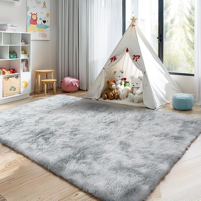 KICHOWUA 3x5 Fluffy Shag Light Grey Rug for Bedroom, Soft Fuzzy Plush Washable Non Slip Carpet, Comfy Shaggy Furry Small Area Rug for Living Room, Kids Baby Boys Girls Nursery Dorm, Tie-Dye Gray