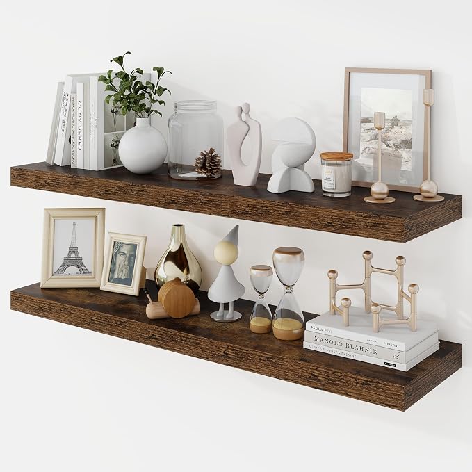Acovy 36 Inch Floating Shelves, 9.3" Deep Floating Shelf Wall Mounted, 36" Wall Shelves, Rustic Deep Bookshelf, Large Display Shelves & Storage Shelves for Bedroom, Living Room, Brown, Set of 2