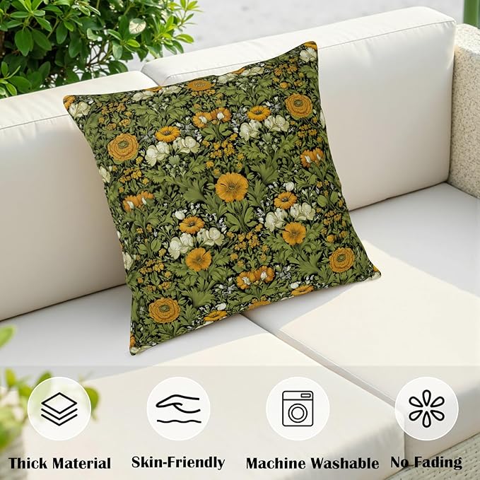 Dark Green Plant Floral Pillow Covers 18x18 Sage Green Botanical Throw Pillow Covers Fern Leaf White Orange Flowers Pillowcase Vintage Wildflower Cushion Case for Couch Sofa 2 Pack
