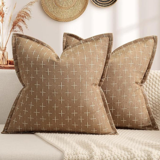 ZWJD Throw Pillow Covers 16x16 Set of 2 Soft Polyester Textured Pillow Covers with Stylish Flange Edge Cozy Farmhouse Throw Pillows for Couch Bed Sofa Living Room