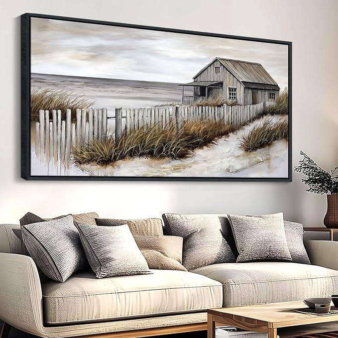 YDYSUNE Village Coastal Wall Art for Living Room - Retro Beach Fenced House Large Canvas Wall Decor for Home Artwork Painting Print for Bedroom Decoration Kitchen Office Picture Framed 29x58 Inches