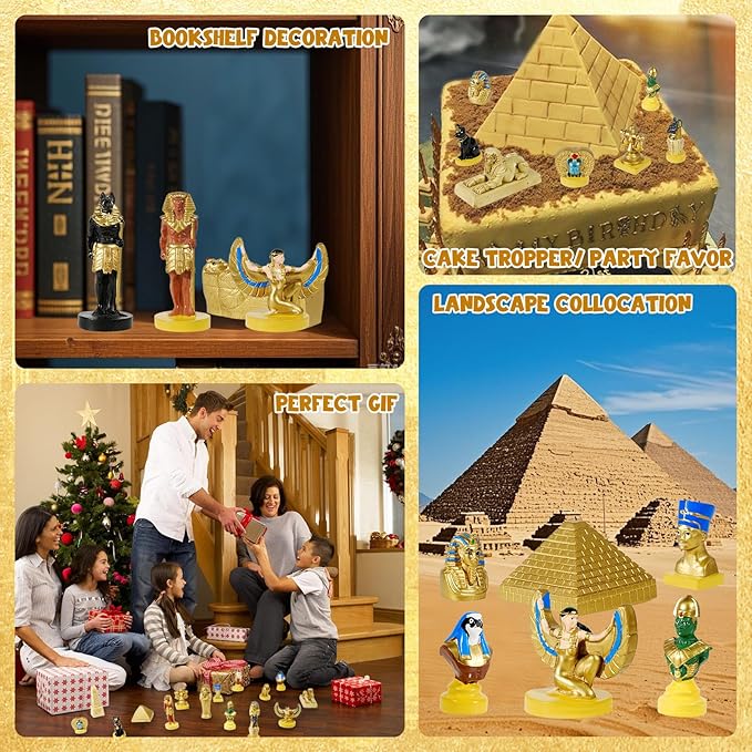 19 Pcs Egyptian Figurines Set Resin Ancient Egypt Decor Hand-Painted Small Ancient Egyptian Pyramid Mummy Pharaoh Anubis Statue Egyptian Gods for Table Home Decoration