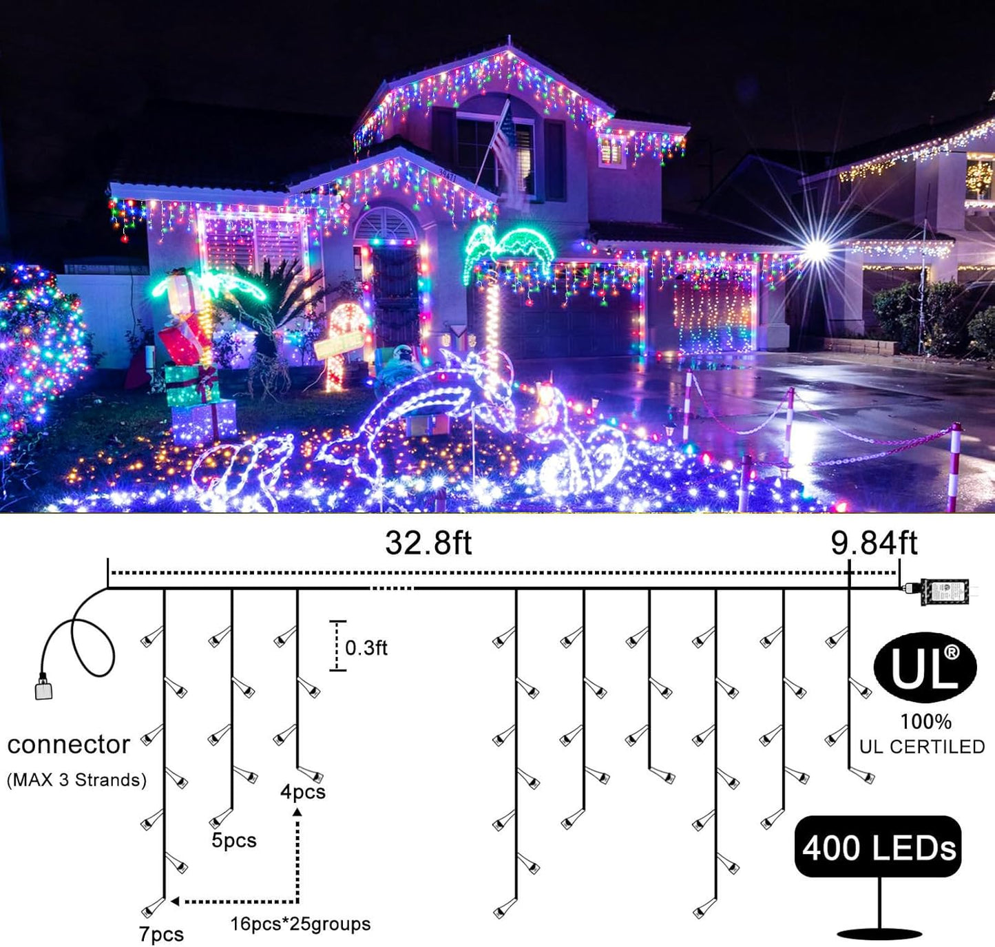 Icicle Christmas Lights Outdoor - 33ft 400 LED Icicle Lights for Outside with 75 Drops, Waterproof Plug in Christmas Light with Timer for Party, Holiday, Wedding, Christmas Decoration, Multicolor