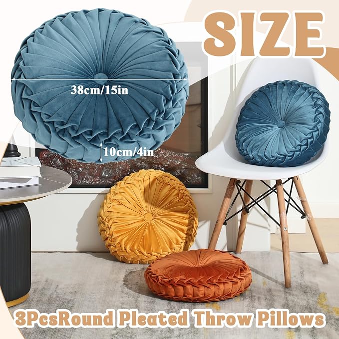 Drydiet 3 Pcs Round Throw Velvet Pillows Decorative Pleated Throw Pillows Diameter Accent Pumpkin Boho Chair Cushion for Couch Sofa Home Decoration (Yellow,Brunt Orange,Blue,15'')