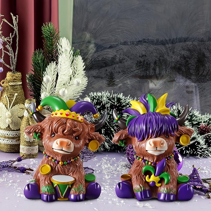 Karenhi 2 Pcs Mardi Gras Highland Cow Figurines, Carnival Feather Mask Beads Scottish Cow Resin Statues Gnomes Gifts for Tiered Tray Table Home Kitchen Office Party Decor
