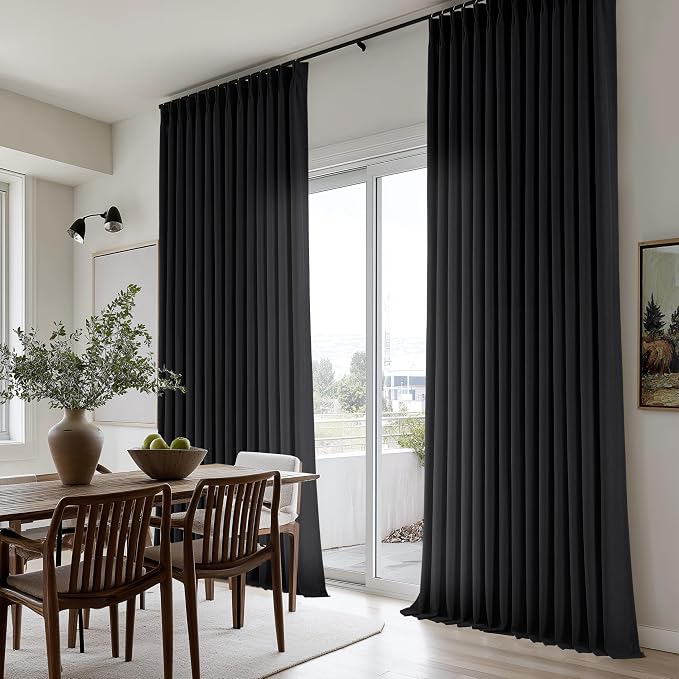 Black Pinch Pleated Semi Sheer Linen Curtains 90 Inch Long for Living Room | Light Filtering Privacy, Bedroom Dorm Dining Room, Flax Textured, Hook Rings Memory Shape Pinch Pleat, Elegant Luxury, Drapes