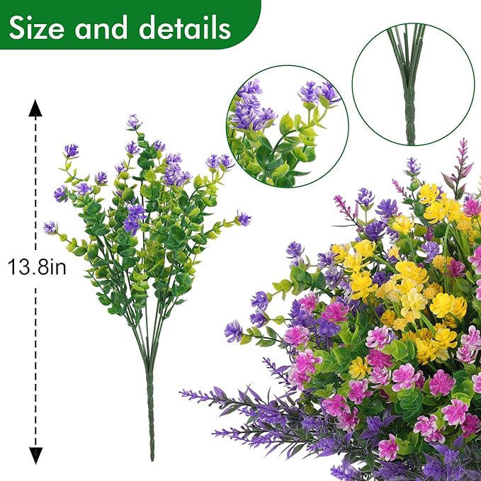 Hananona 48 Pcs Artificial Flowers Outdoor, Faux Artificial Plants UV Resistant Plastic Flower Bulk for Hanging Planter Porch Window Home Wedding Fall Summer Decor (48, Fuchsia, Purple, Yellow, Green)