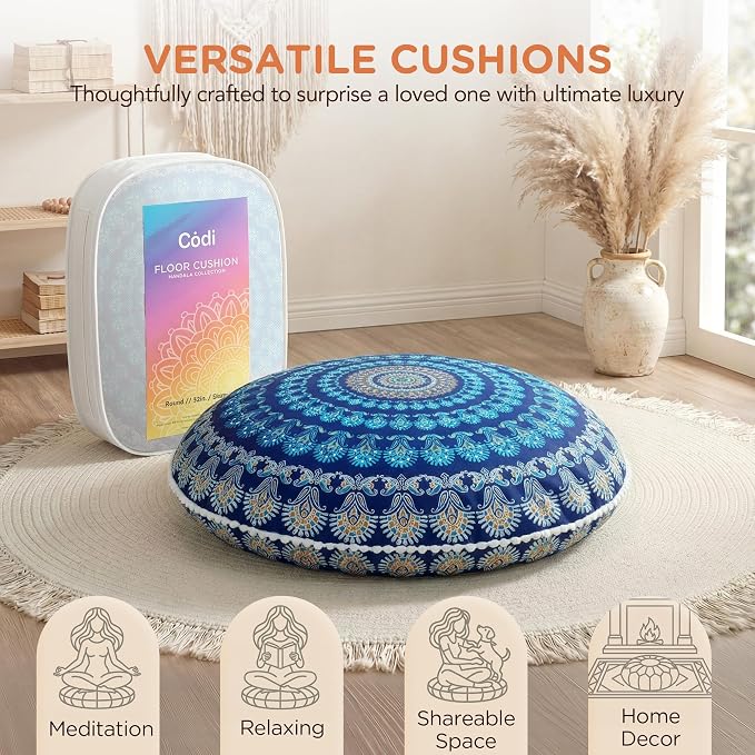Codi Meditation Floor Pillow Set of 2, Round Large Pillows Seating for Adults, Bohemian Mandala Circle Cushion for Outdoor Fireplace Yoga Living Room, 32 Inch, Memory Foam Added, Navy