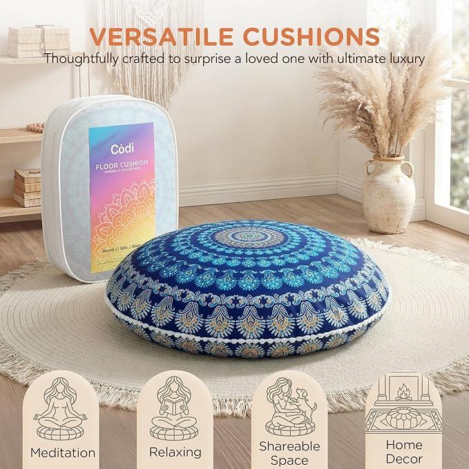 Codi Meditation Floor Pillow, Round Large Pillows Seating for Adults and Teens, Bohemian Mandala Circle Cushion for Outdoor Fireplace Yoga Living Room, 32 Inch, Memory Foam Added, Navy