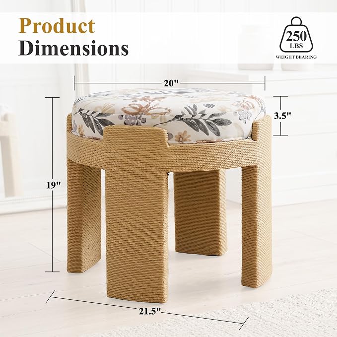 Round Ottoman Set of 2, Boho Hand-Woven Rope Upholstered Ktichen Vanity Chairs Accent Stool Fully Assembled for Bedroom Living Room, Floral Linen