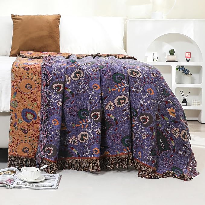 Summer Boho Throw Blanket 90" x 98" 100% Cotton Ultra Soft Breathable Muslin Blanket for Adult 4-Layer Gauze Woven Floral Farmhouse Decor Rustic Quilt for Couch Sofa Gift for Man Woman Purple Flowers