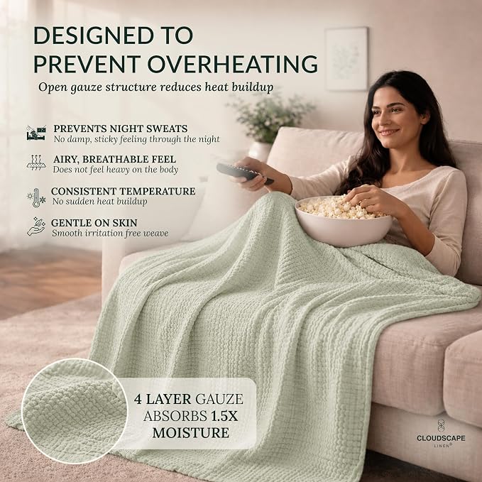 CLOUDSCAPE 4 Layer Muslin Blanket for Adults - 100% Cotton Throw Blanket - 50"x70" Oversized Gauze Throw for Sofa, Couch - Soft Lightweight Breathable Muslin Cotton Throws for Summer - Sea Foam