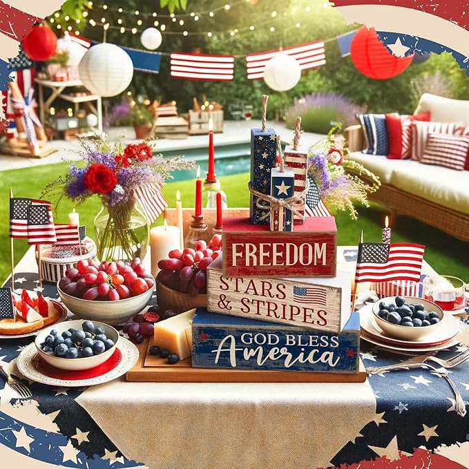 CroBlissful 4 Pcs 4th of July Decorations Patriotic Memorial Day Tabletop Decorations Red White Blue Table Centerpieces Sign for Office Tiered Tray Home Shelf 250th Anniversary(Freedom)