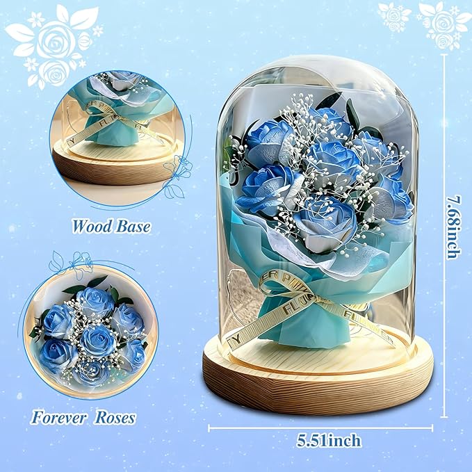 Mother's Day Gifts for Mom Rose Gifts for Her Birthday Gift for Women Glass Rose in Glass Dome Forever Eternal Ice Blue Roses with AnniversaryValentines Day Gifts for Daughter Mom Wife Girlfriend