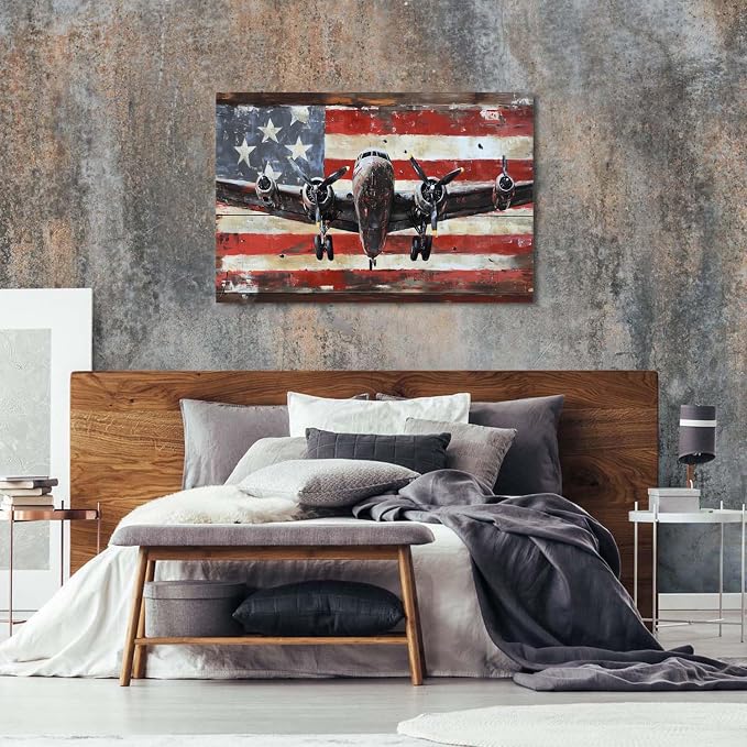 Vintage American Flag Airplane Wall Art Old Engine Aircraft Pictures for Living Room Retro Propeller Wall Decor Poster Aviation Canvas Prints Modern Artwork Bedroom Office Home Decorations 32x48"