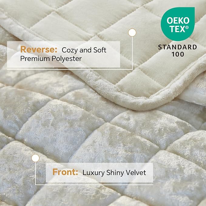 BEDELITE Velvet Quilt Set King Size - Luxury Soft Velvet Comforter Bedding Set for All Season, Lightweight Quilted Box Stitch Oversized Bedspread Coverlet with 2 Matching Shams, Shiny Cream White