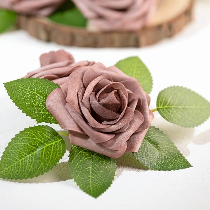 Mocoosy 50Pcs Artificial Rose Flowers, Dusty Roses for Decorations, Real Touch Fake Foam Rose Bulk with Stems DIY Wedding Bouquets, Bridal Shower, Mother's Day Floral Arrangements Party Table Decor