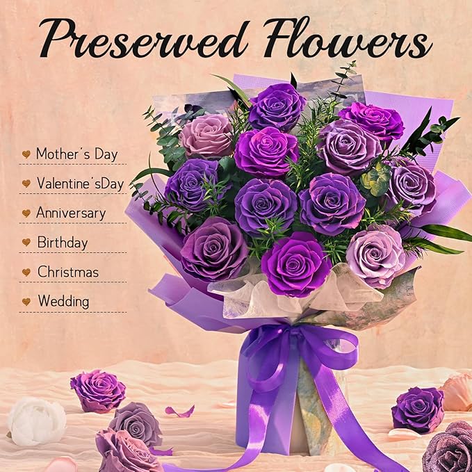 Flowers for Delivery Prime 12 Roses, Mothers Day Flowers for Mom, Mothers Day Gifts, Forever Roses Preserved Purple Flower Bouquet Eternal Rose Birthday Gifts for Women Gf Gifts Wedding Anniversary