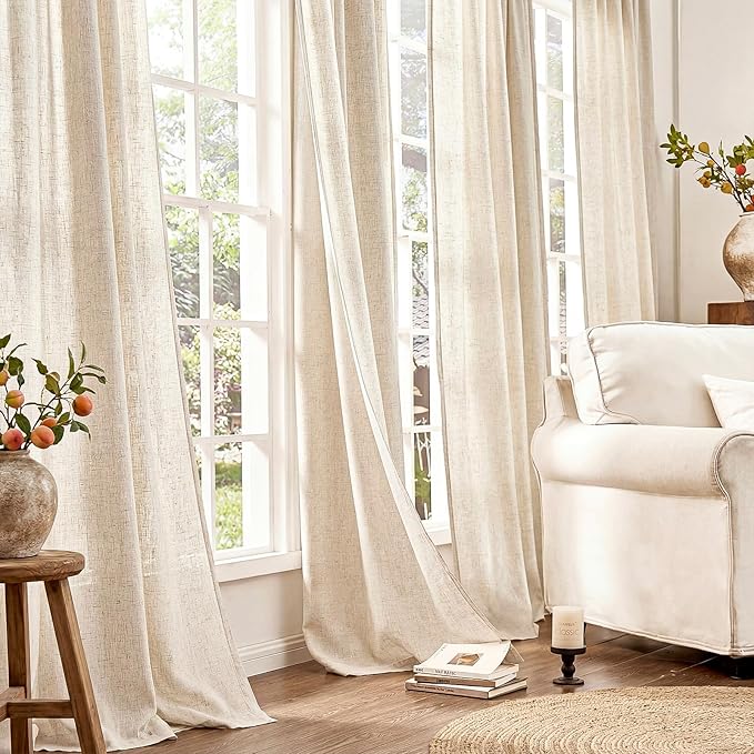 jinchan Custom Size Curtain Beige Linen Blend Curtain 1 Panel for Bedroom Living Room Light Filtering Natural Farmhouse Rustic Grommet Drape (Ecru)