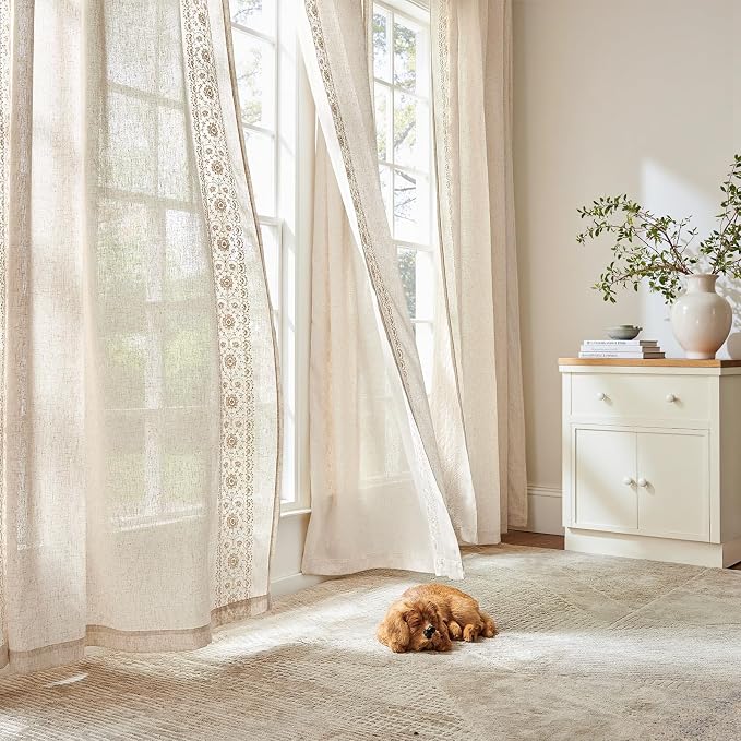 jinchan Weslie Boho Curtains for Bedroom Ivory Vintage Floral Farmhouse Curtains 84 Inches Long Linen Drapes for Living Room Embroidered Light Filtering Drapes Rod Pocket Ivory on Beige 2 Panels