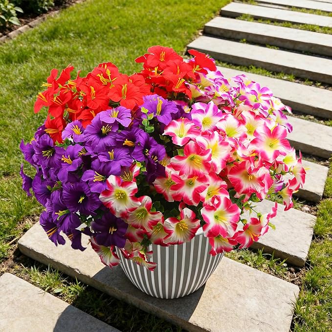 Artificial Flowers for Outdoors Fake Plants Outside, 16 Bundles Silk Morning Glory with Eucalyptus, UV Resistant Realistic Faux Flowers for Planters Porch Patio Garden Balcony Decor (4 Color)