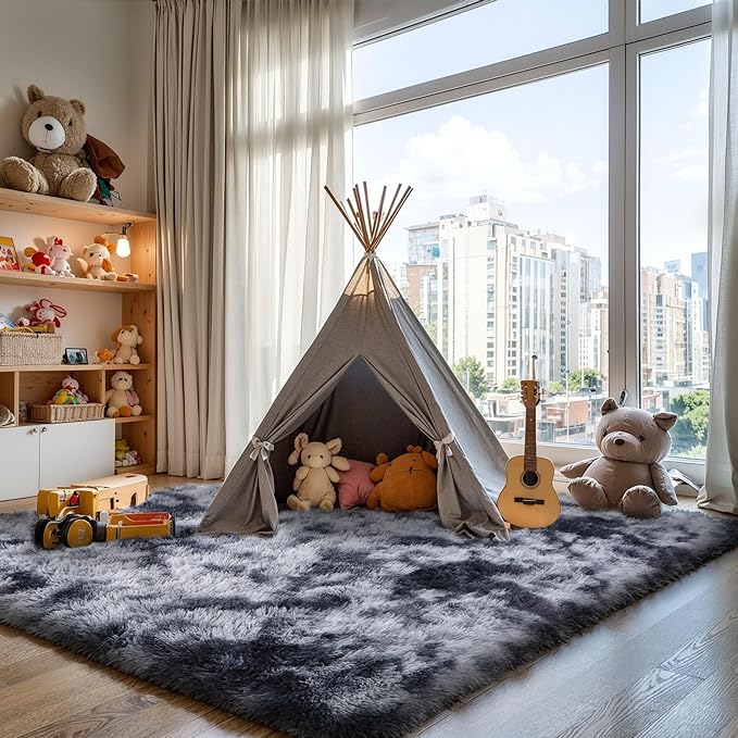 KICHOWUA Thick Area Rug Dark Grey 5x8 Fluffy Shag for Bedroom Living Room Soft Plush Washable Thickened Non-Slip Fuzzy Carpet for Kids Baby Nursery Cozy Shaggy Floor Rugs for Dorm, Tie-Dye Gray