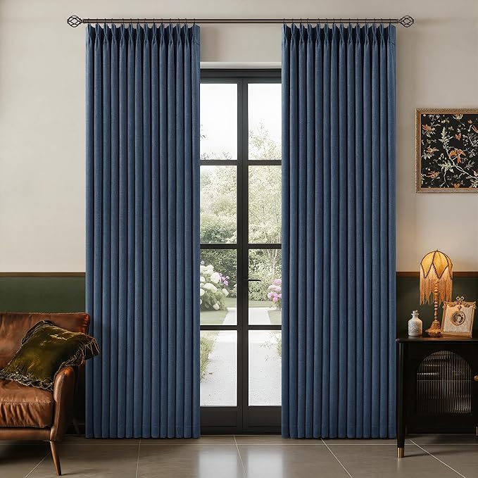 100% Black Out Curtains 80 Inch Length 2 Panels Pinch Pleated Back Tab Navy Blue Heat Blocking Window Boho Farmhouse Living Room Darkening Curtains Textured Linen Blackout Drapes for Bedroom
