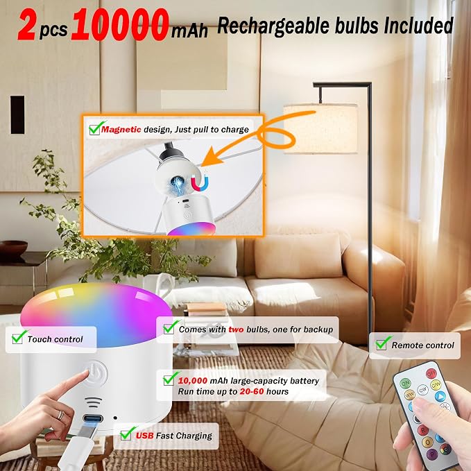 Modern Battery Operated Floor Lamp Cordless for Living Room, 10000mAh RGB Dimmable Lamp with Remote Control Lighting time up to 50 hrs, Tall Standing Floor Lamp for Bedroom, 2 Bulb