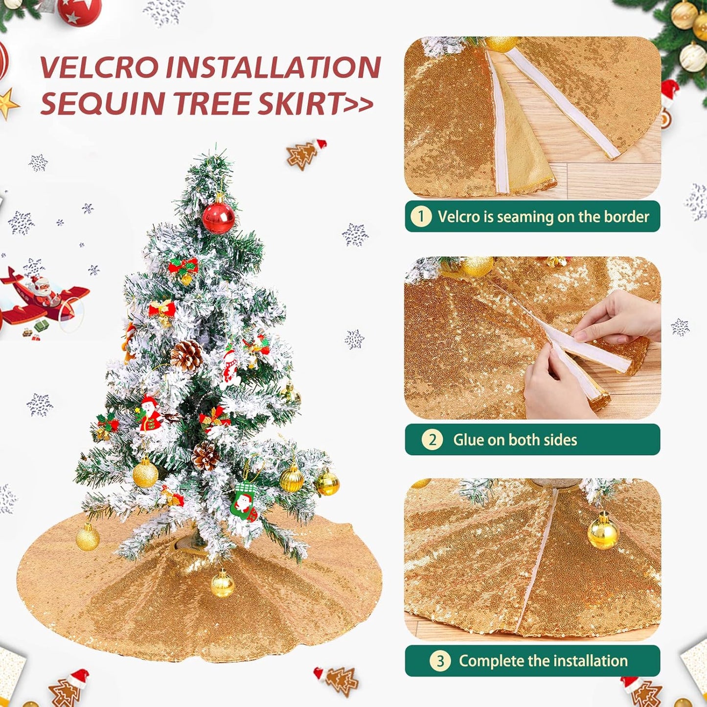 Tree Skirt 48 Inch Gold Christmas Tree Skirt Sequin Tree Skirt for 6ft Tree Glitter Gold Christmas Decorations