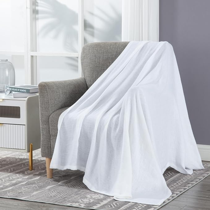 Chezmoi Collection Brussels Belgian Flax Linen Throw Blanket, 50" x 70" - Pre-Washed Super Soft Lightweight Breathable Summer Blanket White Color for Living Room Couch & Bed