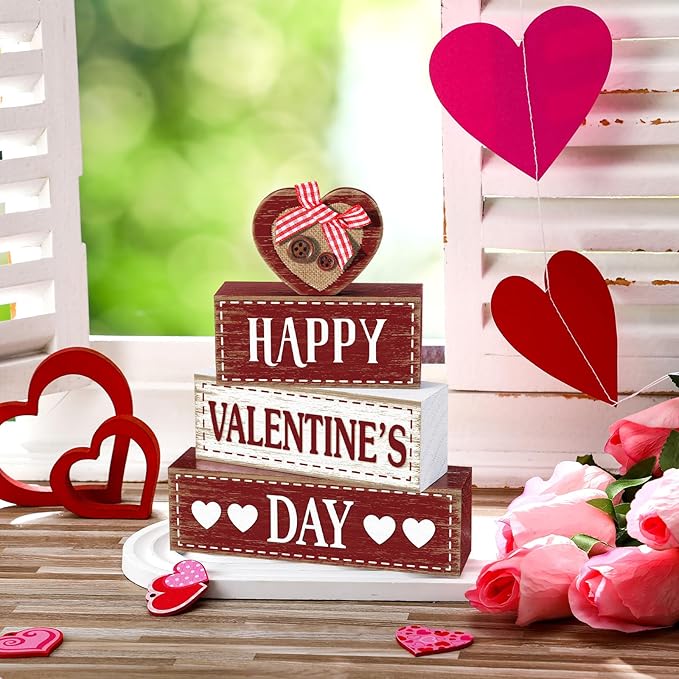 Marsui 4 Pcs Valentine's Day Wooden Signs Heart Truck Table Decor Rustic Distressed Valentines Centerpieces Blocks Farmhouse Tiered Tray Decor Valentine Day Decorations for Home Desk Shelf(Heart)