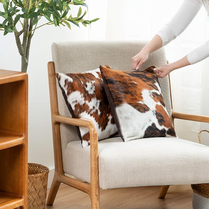 ecowhides 100% Genuine Brazilian Cowhide Pillow Cover – Tricolor, Brown, Black & White – Double-Sided – Luxury Leather Decorative Cushion for Rustic & Western Home Décor – 15” x 15”