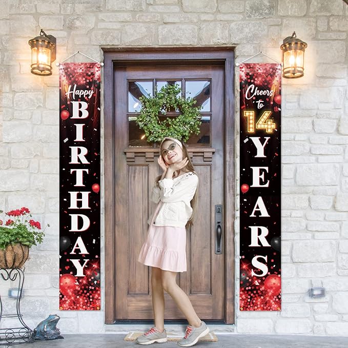 Happy 14th Birthday Porch Sign Door Banner Decor Red and Black – Glitter Cheers to 14 Years Old Birthday Party Theme Decorations for Boys Girls Supplies