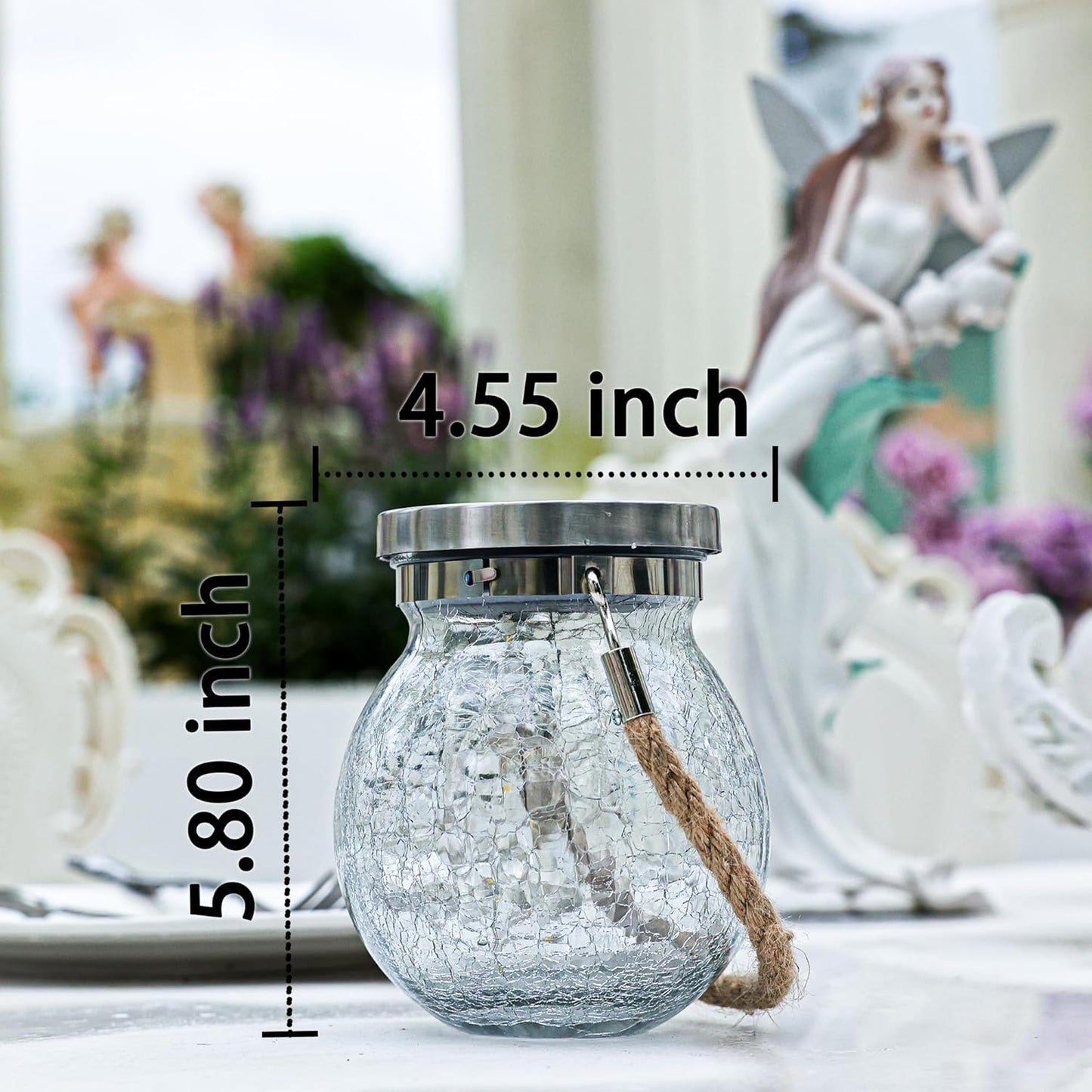 Cooo 6 Pack Heavy Crackle Glass Solar Lantern with 30 LED Firefly Lights– Waterproof Outdoor Hanging Lamp 215% Larger Solar Panel, Stainless Steel Lid Decorative Lighting for Garden Patio Table