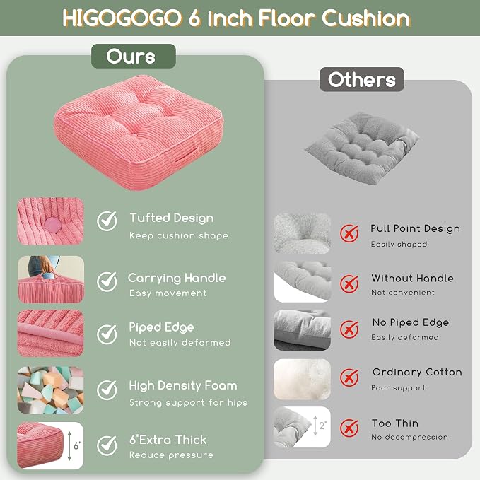 HIGOGOGO 6" Extra Thick Floor Pillow Cushion for Adults, Meditation Cushion Pillow, Large Square Floor Sitting, Tufted Corduroy Cover, for Tatami Living Room or Yoga, 22x22 Inch, Pink