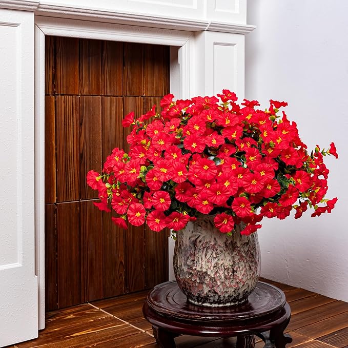 Nigirior Artificial Faux Flowers for Outdoor 16 Bundles Boxwood Fake Morning Glory for Planter,UV Resistant Fake Flowers for Home Porch Patio Outside（Red）