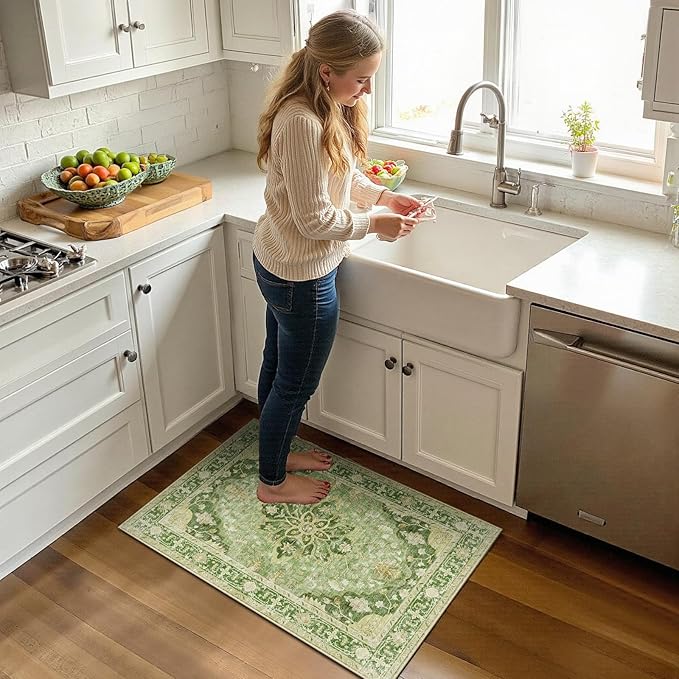 RELEANY Area Rugs 2'x3' Kitchen Rugs Entry Rug Small Rugs for Entryway Kitchen Bathroom Door Mat Indoor Entrance,Washable Non Slip, Sage Green Yellow