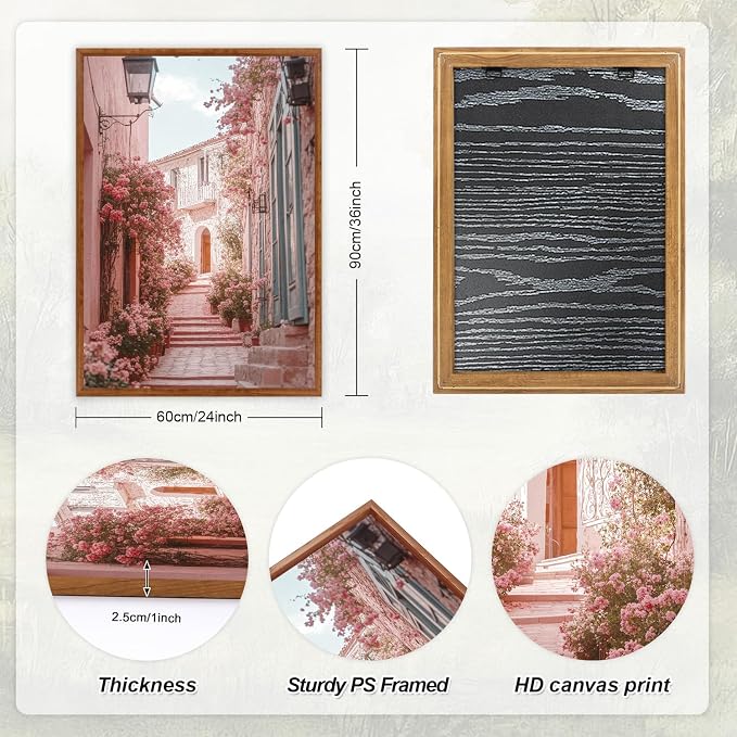 LHIUEM Vintage Italy City Landscape Framed Canvas Wall Art,Pink flowers Street Romantic House Wall Decor,Malta Modern Natural Romance Country Artworks for Living Room,Bedroom,Office-24 X36 X3