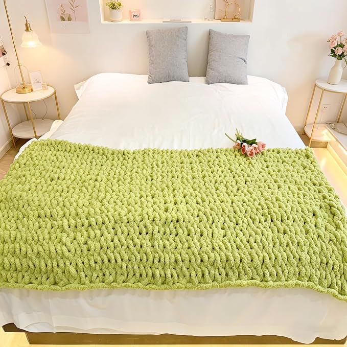 Soft Chunky Knit Throw Blanket for Couch, Cozy Warm Knitted Blankets | Hand Knit with Jumbo Chenille, Lightweight Warm Fluffy Decor for Women, Mom, Her & Girls, Sofa, Chair, Bed, 48"×71"(Green)