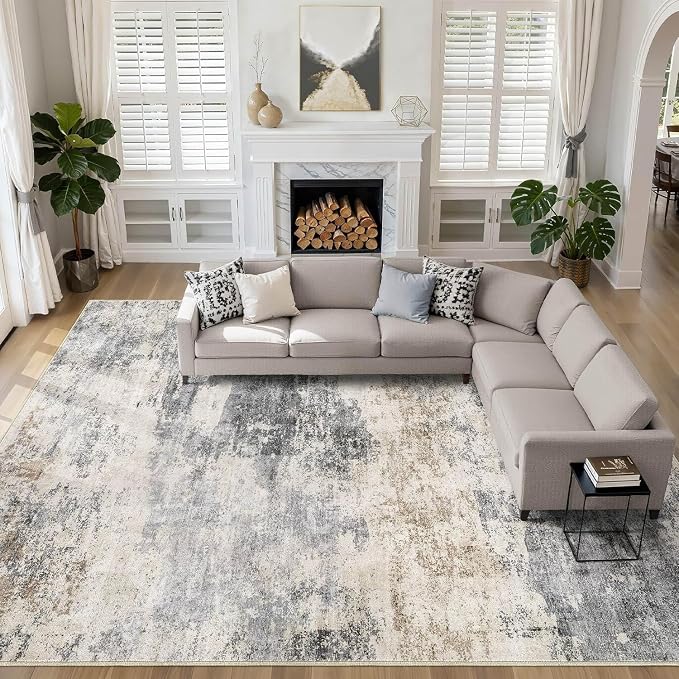 12x15 Area Rug Living Room: Washable Large Abstract Modern Soft Rugs Stain Resistant Indoor Floor Non Slip Accent Carpet for Bedroom Nursery Playroom Office Dining Room Dorm Home Decor- Gray Brown