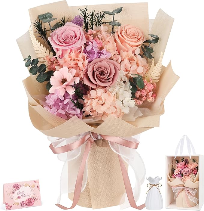 Flowers for Delivery Prime Preserved Flowers Bouquet That Last 3-5 Years Real Forever Roses Bouquet Mothers Day for Mom Mother Women Wife Girlfriend Anniversary Birthday Gifts for Mom(Pink)