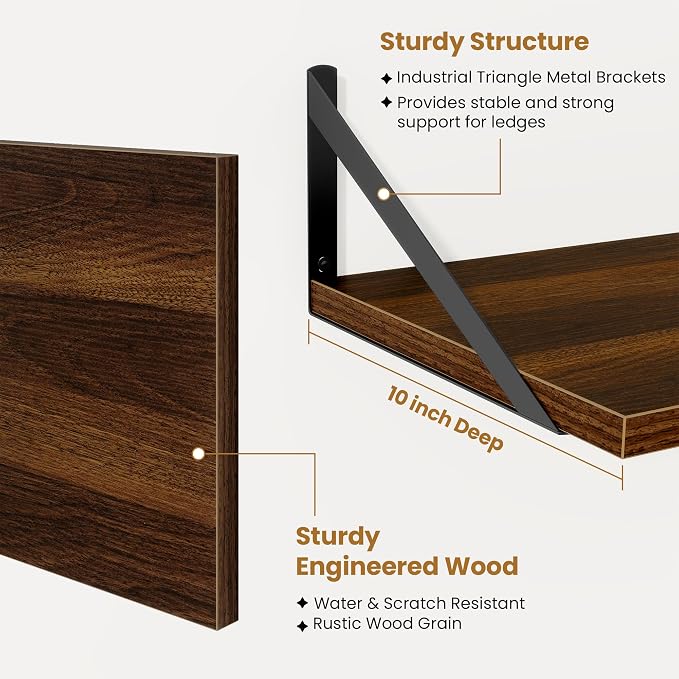 Acovy Deep Floating Shelves,16" Wx10 D Floating Shelves for Wall Set of 2,Heavy Duty Wood Floating Shelf with Metal Bracket,Wall Mounted Hanging Shelf for Living Room Bedroom Bathroom Kitchen,Walnut
