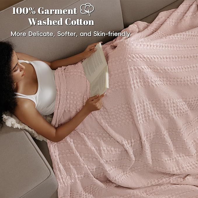 PHF 100% Cotton Waffle Blanket Queen Size for Bed, Lightweight Breathable and Soft for Summer, Luxury Aesthetic Waffle Weave Blanket for Home Decor & Gifts for Women, 90"x90", Pink/Mauve