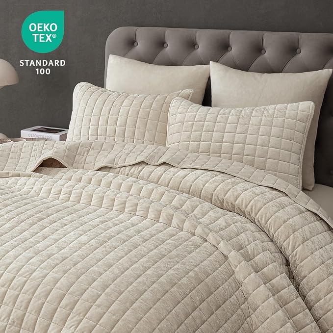 PHF Luxurious Velvet Quilt Set Twin Size – 2PCS Super Soft Quilted Comforter Alternative with Square-Box Quilt Pattern, Warm Quilted Bedspread Coverlet, 68" x 92", Sand