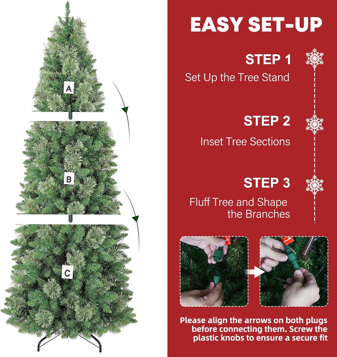 Hykolity 7.5ft Artificial Pre-lit Pencil Christmas Tree, Slim Christmas Tree with 300 Warm White LED Lights, 792 PVC Tips, Foldable Metal Stand and Hinged Branches