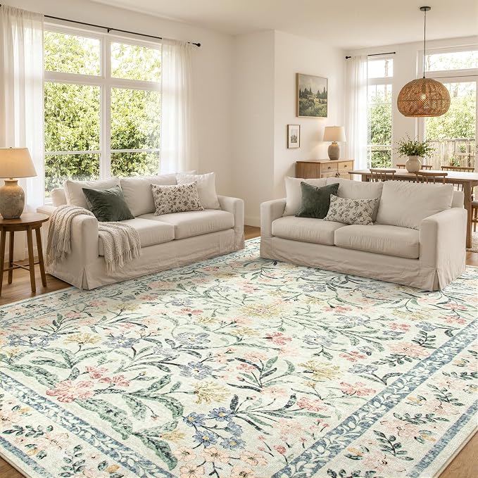 Wonnitar Large Living Room Rug, Floral 10 x 14 Machine Washable Area Rugs, Soft Boho Ultra-Thin Non-Shedding Indoor Aesthetic Carpet for Bedroom Dining Room Office
