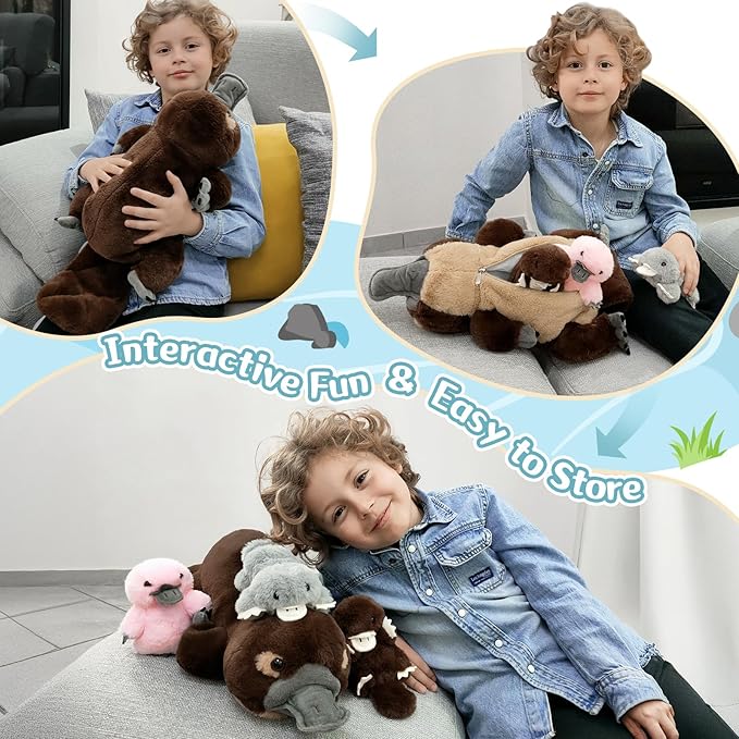 MorisMos 22inch 4Pcs Giant Platypus Plush, Mommy Platypus Stuffed Animals with 3 Baby, Large Realistic Plush Gifts Kids Boys Girls, Brown