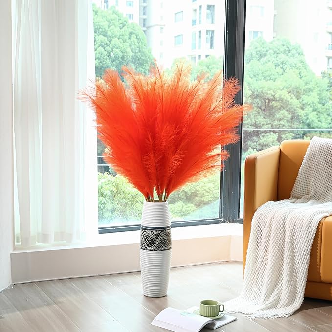 Wertuirk Orange Pampas Grass Decor- 45-Inch Set of 8 | Tall Faux Pampas Grass Soft and Fluffy | Large Artificial Pompas Floral | Perfect for Living Room, Office and Wedding Party Centerpieces
